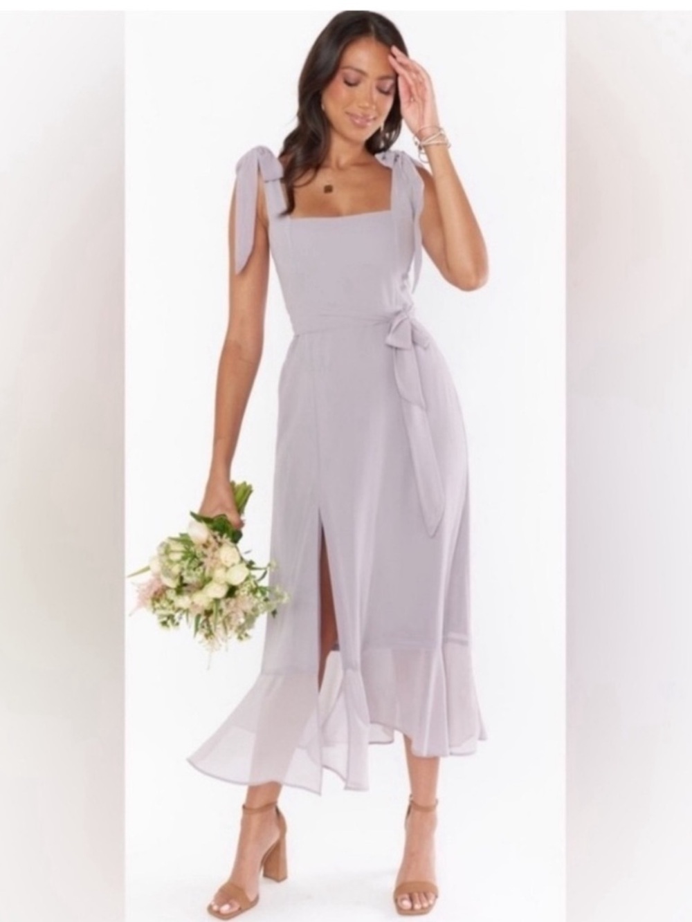 Show Me Your Mumu Claire Midi Dress in Dove Grey Chiffon NWT